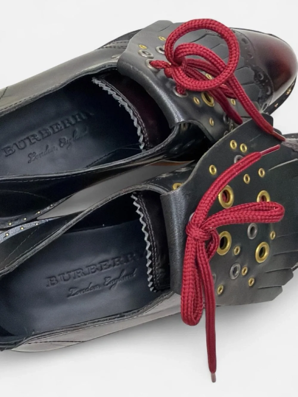 Burberry Black & Burgundy Platform Brogue Oxfords with Gold Accents